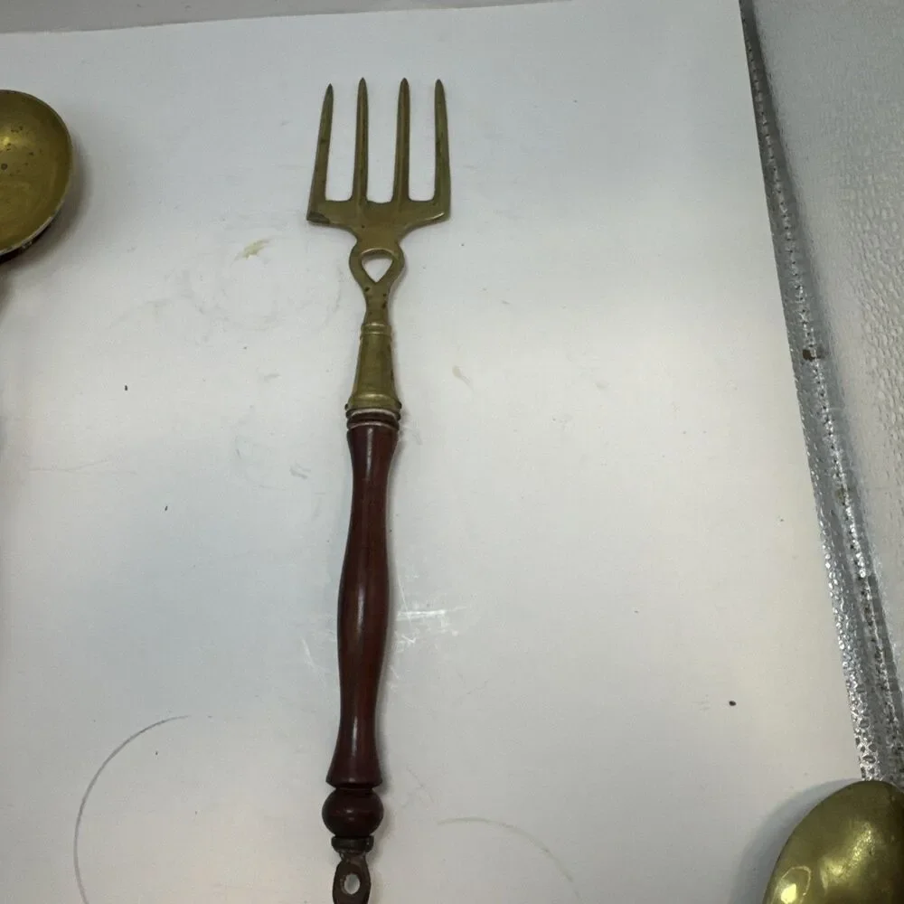 Antique Brass and Wooden 4 piece Kitchen Accessory Utensils Tools Set